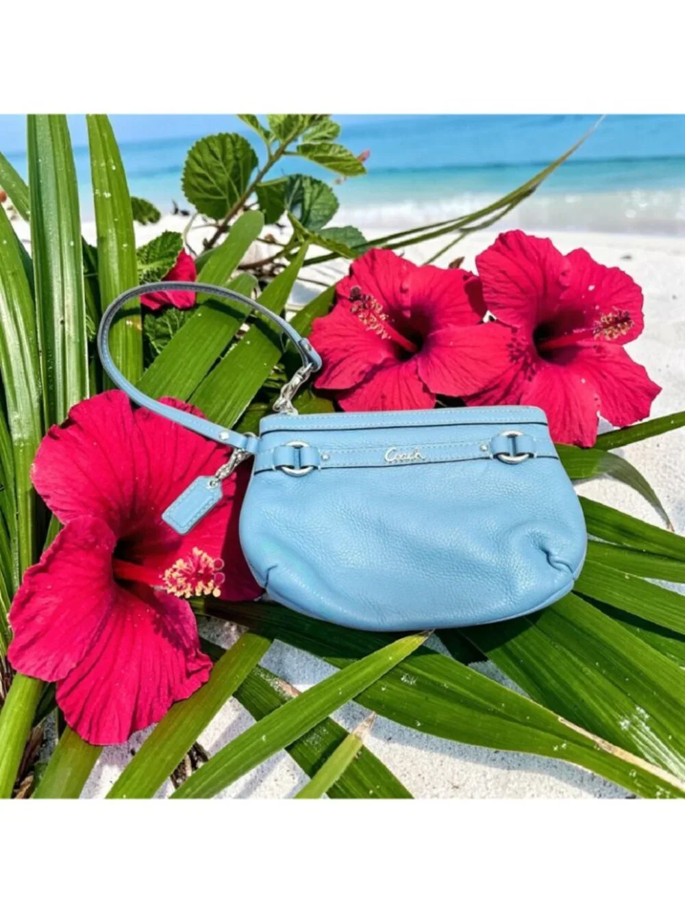 Coach Blue Leather Wristlet Small Pouch Zip Top Mini Bag Y2K Handbag Silver